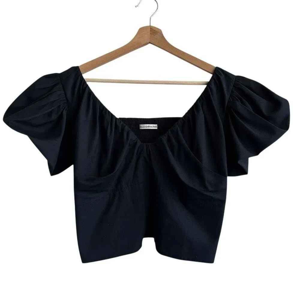 Abercrombie & Fitch Black Puff Sleeve Babydoll Top L Cropped Smocked Coquette